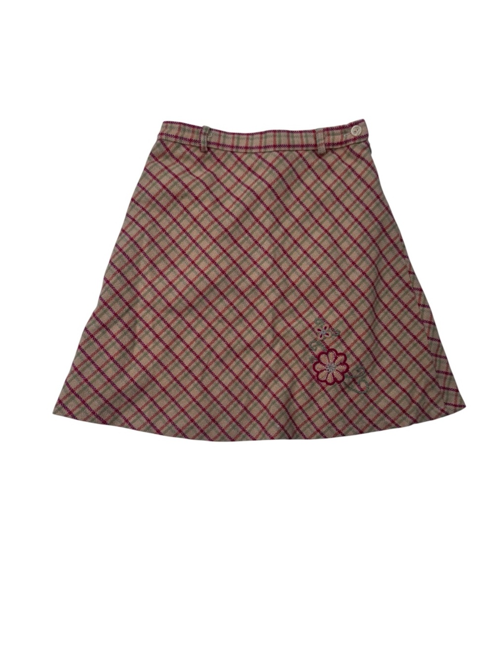 Linea Rosa Wool Blend Red and Camel Plaid Girls' Skirt with Flower Embroidery